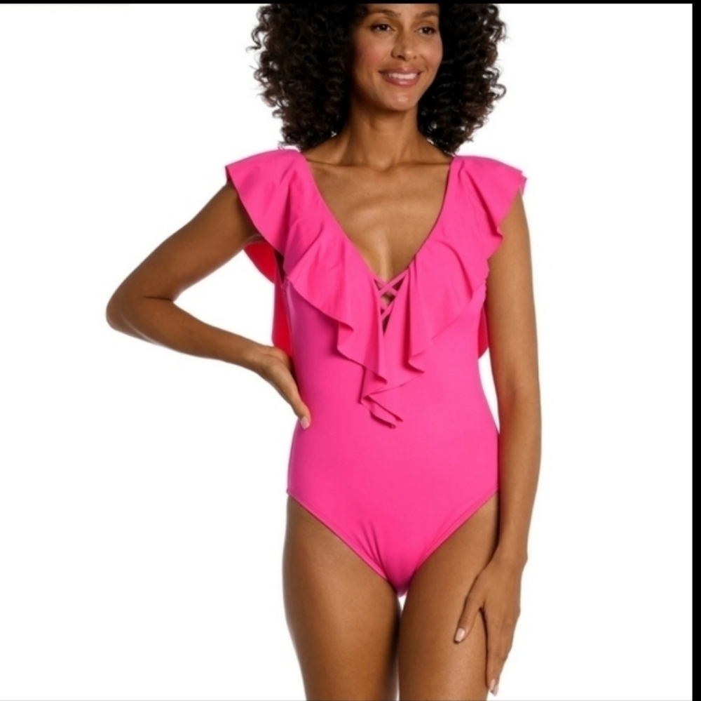 NWT La Blanca Island Goddess Ruffle Plunge One Piece - Pop Pink 10 Tummy Control